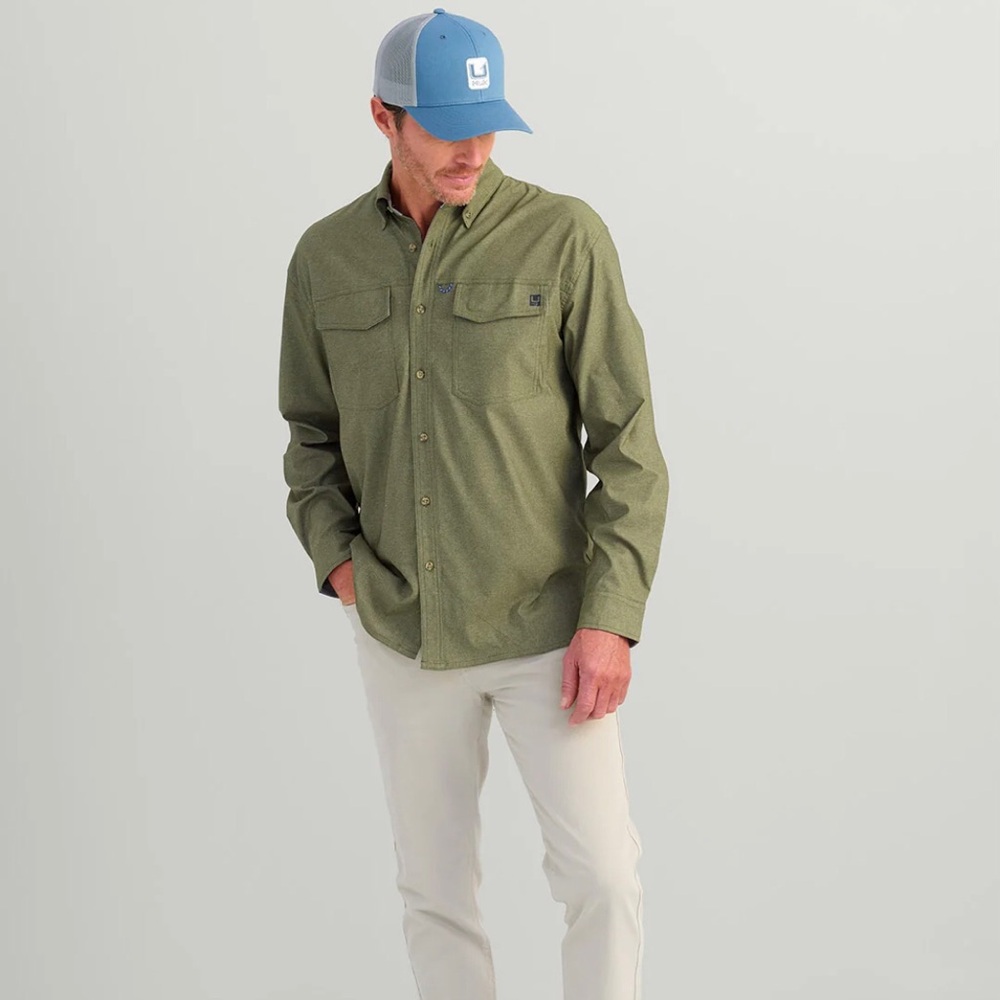 NWT Huk Hawser Moss Green Heather Lightweight Flannel Fishing Shirt ~ Small